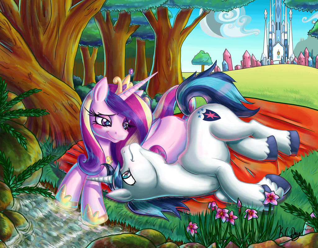 blanket blue_eyes blue_hair building crown cutie_mark equine female feral flower forest friendship_is_magic fur grass hair horn horse kcday long_hair lying male multi-colored_hair my_little_pony on_side outside pony princess_cadance_(mlp) purple_eyes shining_armor_(mlp) sky smile tree unicorn water white_fur winged_unicorn wings