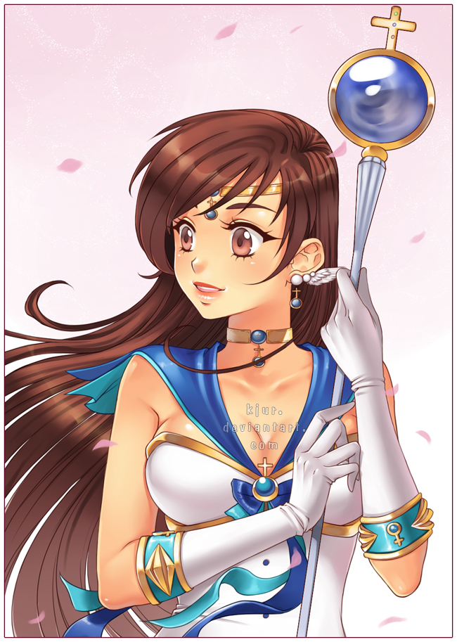bishoujo_senshi_sailor_moon brown_eyes brown_hair choker circlet commentary earrings earth_symbol english_commentary gloves jewelry kjur lips long_hair original parted_lips petals solo staff watermark web_address