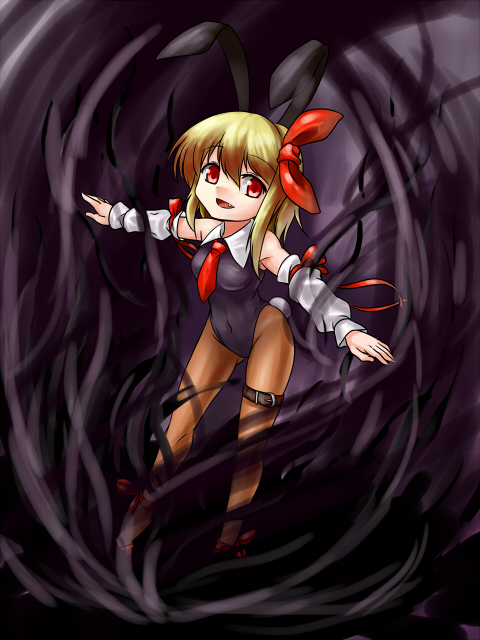 animal_ears araki_(qbthgry) arm_warmers bare_shoulders black_leotard blonde_hair bow brown_legwear bunny_ears bunny_tail bunnysuit darkness fake_animal_ears hair_bow hair_ribbon leotard necktie open_mouth outstretched_arms pantyhose red_eyes red_neckwear ribbon rumia short_hair smile solo tail thigh_strap touhou