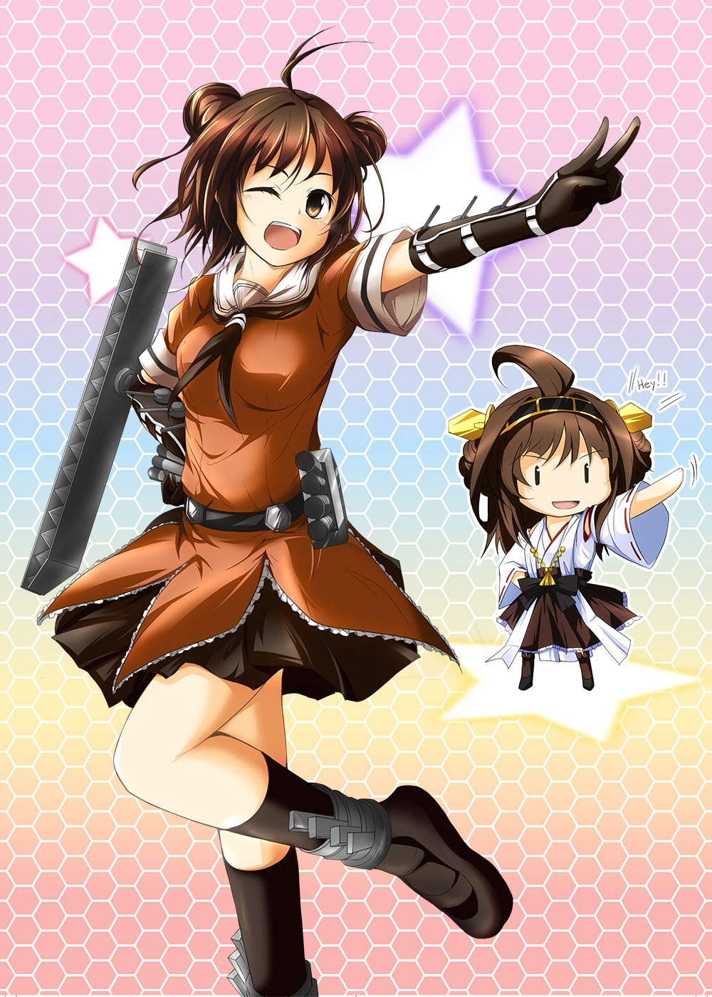 ahoge boots brown_eyes brown_hair detached_sleeves double_bun hand_on_hip highres kantai_collection kongou_(kantai_collection) long_hair long_sleeves multiple_girls naka_(kantai_collection) nanaume_(shichimi_tougarashi) nontraditional_miko one_eye_closed pleated_skirt skirt thigh_boots thighhighs v wide_sleeves