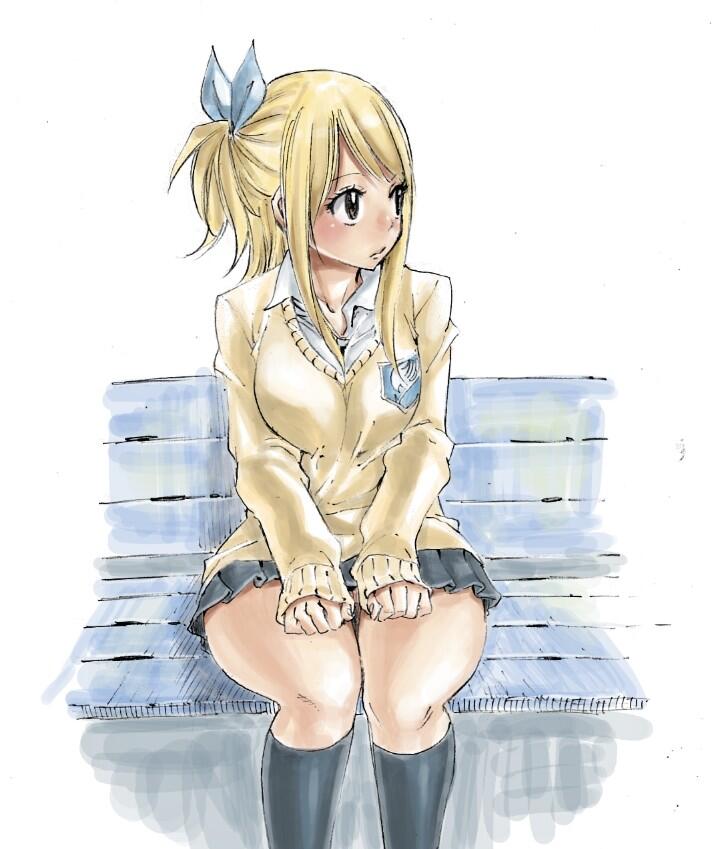 1girl bench blonde_hair fairy_tail lucy_heartfilia mashima_hiro official_art school_uniform sitting solo
