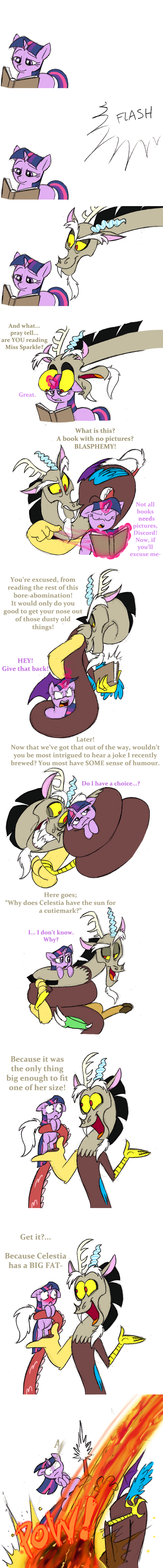 antler antlers book comic dialog discord_(mlp) draconequus duo english_text equine fangs female feral friendship_is_magic glowing hair horn horse humor joke levitation magic male mammal meteor mickeymonster multi-colored_hair my_little_pony plain_background pony purple_eyes purple_hair red_eyes sparkles text twilight_sparkle_(mlp) unicorn white_background