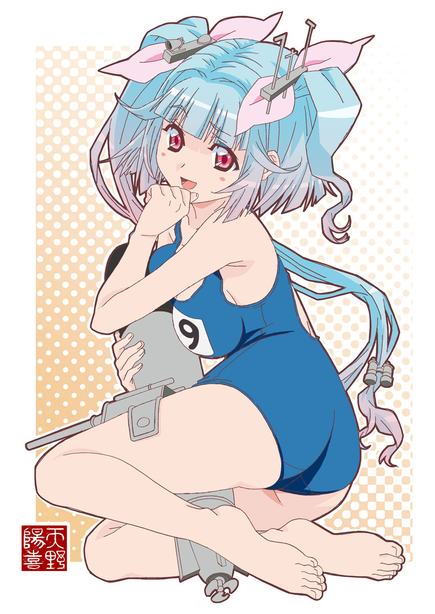 :d amano_yoki barefoot blue_hair blush_stickers breasts feet gradient_hair halftone halftone_background highres i-19_(kantai_collection) kantai_collection large_breasts long_hair multicolored_hair one-piece_swimsuit open_mouth red_eyes school_swimsuit sitting smile swimsuit toes torpedo twintails