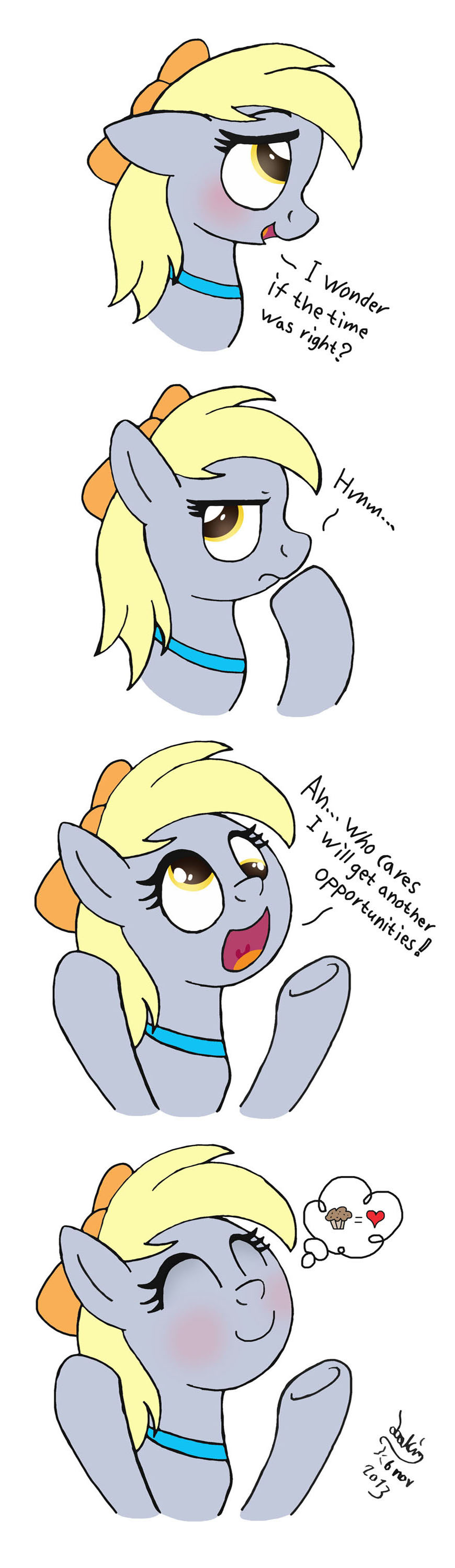 blonde_hair blush comic derpy_hooves_(mlp) dialog english_text equine female feral food friendship_is_magic fur grey_fur hair happy horse joakaha mammal muffin my_little_pony plain_background pony smile solo text white_background yellow_eyes