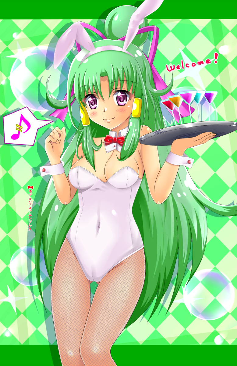 animal_ears argyle argyle_background bow bowtie breasts bunny_ears bunnysuit cleavage cure_empress detached_collar dokidoki!_precure english fake_animal_ears fishnet_pantyhose fishnets glass green_background green_hair hair_tubes highres leotard long_hair medium_breasts musical_note pantyhose pink_bow ponytail precure purple_eyes ribbon shiguko sidelocks smile solo tray white_leotard wrist_cuffs