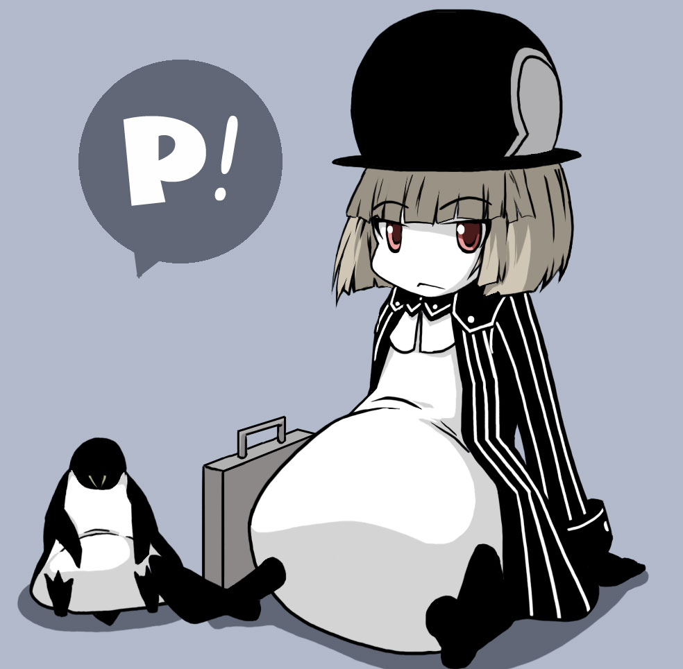 ascot bad_id bad_pixiv_id beak bird blue_background bob_cut boots borrowed_character briefcase brown_hair coat collar gloves hat long_sleeves looking_at_viewer nijimofu open_clothes open_coat original pants parachute_pants penguin penguin_(koala) red_eyes short_hair simple_background sitting sleeve_cuffs striped_sleeves