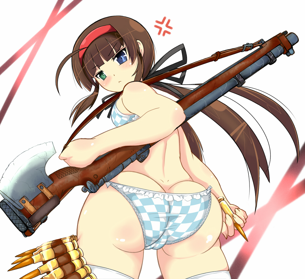 1girl ahoge anger_vein annoyed artist_request ass blue_eyes blush bra breasts brown_hair bullet bullets butt_crack green_eyes gun hair_ribbon hairband heterochromia huge_ass long_hair looking_at_viewer looking_down panties ribbon rifle ryobi_(senran_kagura) ryoubi_(senran_kagura) senran_kagura senran_kagura_(series) senran_kagura_shinovi_versus sideboob thighhighs triangle_mouth twintails underwear weapon