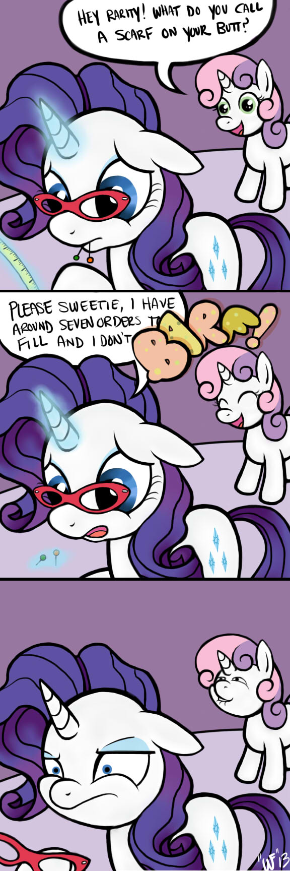 cub cutie_mark duo english_text equine eyeshadow eyewear female feral friendship_is_magic fur glasses glowing green_eyes hair horn horse inside long_hair magic makeup mammal my_little_pony open_mouth pony purple_hair rarity_(mlp) smile sweetie_belle_(mlp) text tongue two_tone_hair unicorn white_fur wolverfox young