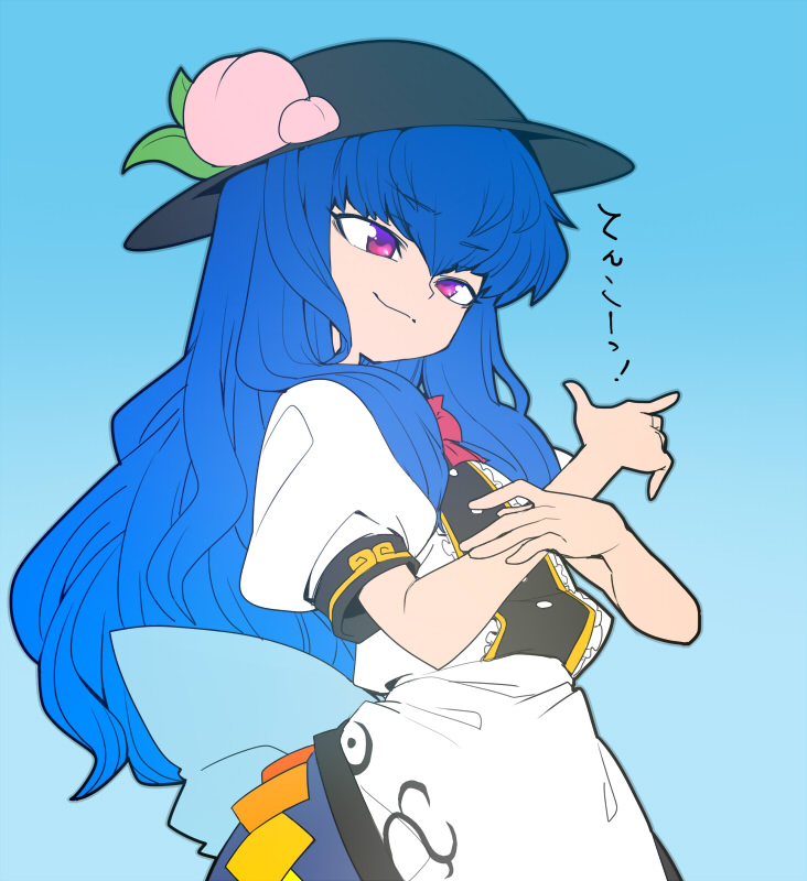 blue_hair bow flat_color food fruit hinanawi_tenshi light_smile long_hair peach pose puffy_short_sleeves puffy_sleeves purple_eyes short_sleeves solo space_jin touhou translated
