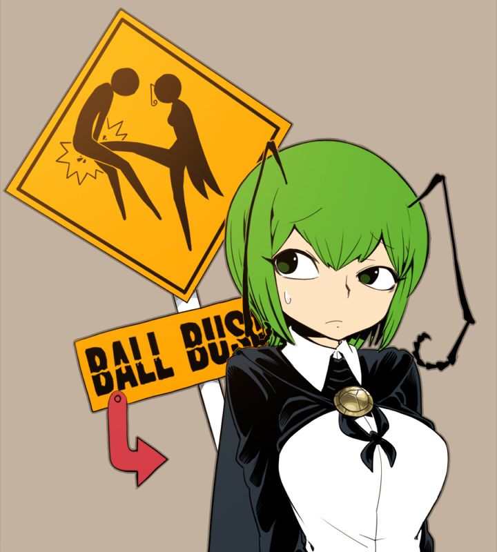 antennae arms_behind_back breasts brooch cape crotch_kick flat_color green_eyes green_hair jewelry medium_breasts short_hair sign simple_background solo space_jin sweatdrop tamakeri touhou wriggle_nightbug