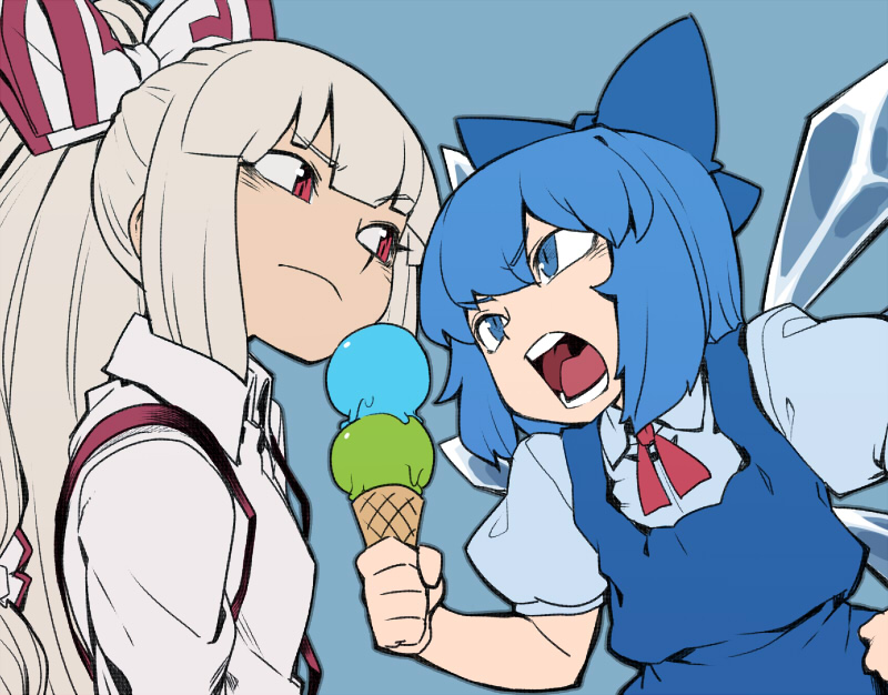 blue_eyes blue_hair bow cirno double_scoop flat_color food fujiwara_no_mokou hair_bow hand_on_hip ice ice_cream ice_cream_cone ice_wings long_hair multiple_girls open_mouth ponytail puffy_short_sleeves puffy_sleeves red_eyes short_hair short_sleeves silver_hair simple_background space_jin suspenders touhou wings