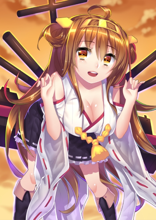 bad_id bad_pixiv_id bare_shoulders black_legwear blush boots breasts brown_hair cannon cleavage detached_sleeves double_bun hair_ornament hairband headgear japanese_clothes kantai_collection kongou_(kantai_collection) large_breasts long_hair nontraditional_miko open_mouth ribbon-trimmed_sleeves ribbon_trim skirt smile solo thigh_boots thighhighs touwa_nikuman turret
