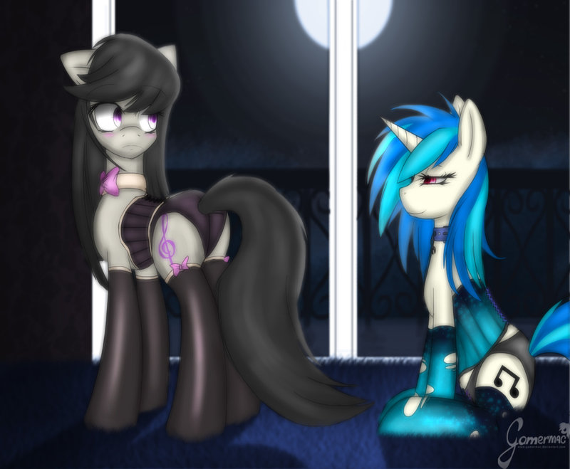 blue_hair blush bow bow_tie clothing collar corset cutie_mark equine female feral friendship_is_magic frown fur gamermac hair half-closed_eyes half_closed_eyes horn horse legwear long_hair looking_back mammal my_little_pony octavia_(mlp) panties pony purple_eyes red_eyes sitting smile stockings torn_clothing two_tone_hair underwear unicorn vinyl_scratch_(mlp) white_fur