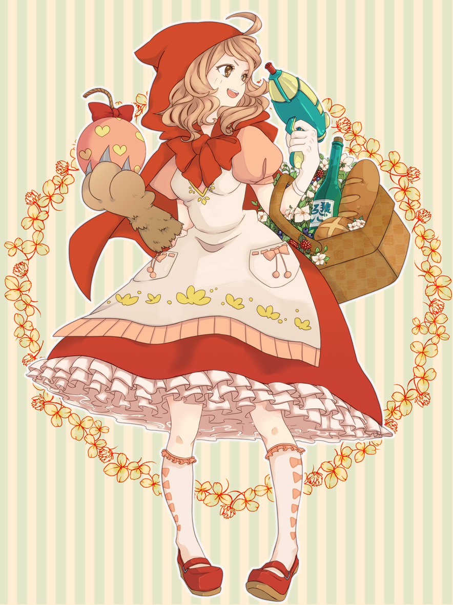 ahoge apron bad_id bad_pixiv_id basket blonde_hair bomb bottle bow bread brown_eyes cape commentary_request energy_gun flower food gloves grimm's_fairy_tales hood little_red_riding_hood little_red_riding_hood_(grimm) mary_janes paw_gloves paws petticoat pigeon-toed princess_royale puffy_short_sleeves puffy_sleeves ray_gun sazinizas shoes short_sleeves single_glove socks solo star star-shaped_pupils symbol-shaped_pupils weapon wine_bottle