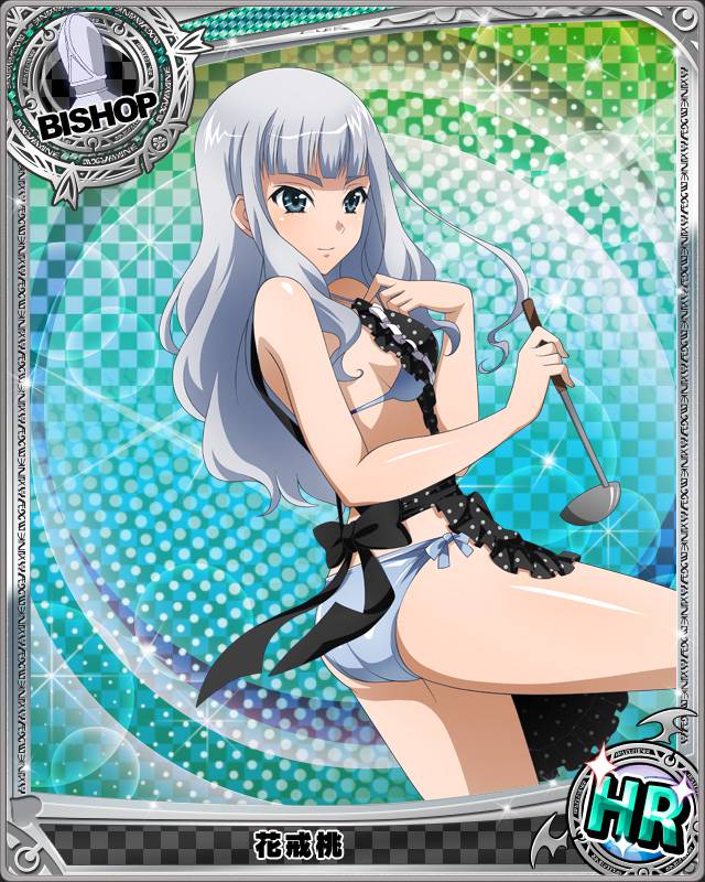 apron artist_request ass bikini bishop_(chess) blush card_(medium) character_name chess_piece eyebrows hanakai_momo high_school_dxd ladle long_hair looking_back nearly_naked_apron non-web_source official_art polka_dot shiny shiny_skin silver_hair smile solo swimsuit trading_card wavy_hair