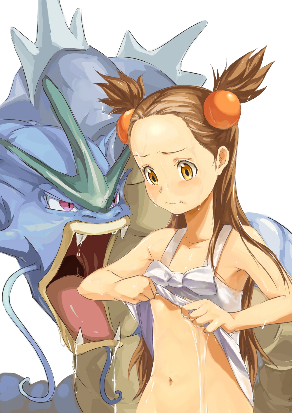 bow brown_eyes brown_hair collarbone dress dress_lift gen_1_pokemon geregere_(lantern) gyarados gym_leader hair_ornament highres long_hair mikan_(pokemon) navel no_bra out-of-frame_censoring pokemon pokemon_(creature) pout simple_background two_side_up wet wet_clothes white_background white_dress wringing_clothes