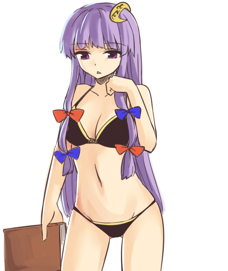 bikini book breasts cleavage crescent crescent_hair_ornament hair_ornament long_hair medium_breasts miyo_(ranthath) navel patchouli_knowledge purple_eyes purple_hair solo swimsuit touhou triangle_mouth