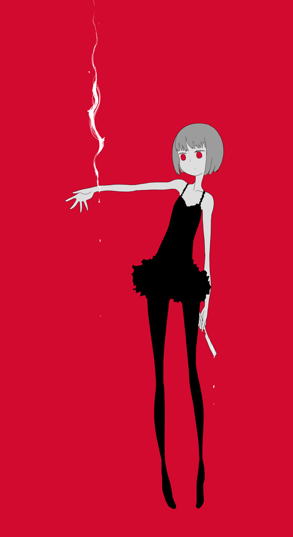 black_legwear black_skirt blank_stare blood bob_cut color_contrast droplet empty_eyes grey_hair holding holding_knife injury ken_(koala) knife liquid looking_at_hand original outstretched_arm pantyhose red_background red_eyes short_hair skinny skirt solo straight_razor wrist_cutting