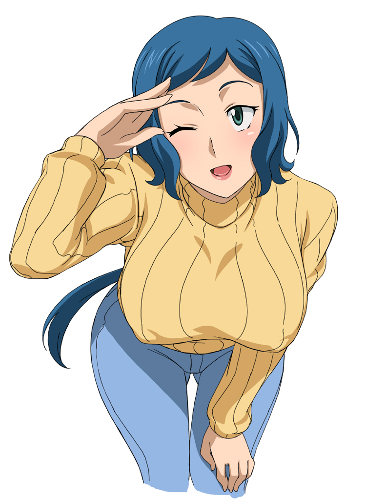 ;d aqua_eyes arm_support bangs bent_over blue_hair breasts covered_nipples cropped_legs denim gundam gundam_build_fighters hand_on_own_knee hanging_breasts iori_rinko jeans large_breasts leaning_forward lipstick long_hair long_sleeves looking_at_viewer low_ponytail makeup makino_tomoyasu mature one_eye_closed open_mouth pants parted_bangs ponytail ribbed_sweater salute simple_background smile solo sweater swept_bangs thigh_gap turtleneck very_long_hair white_background