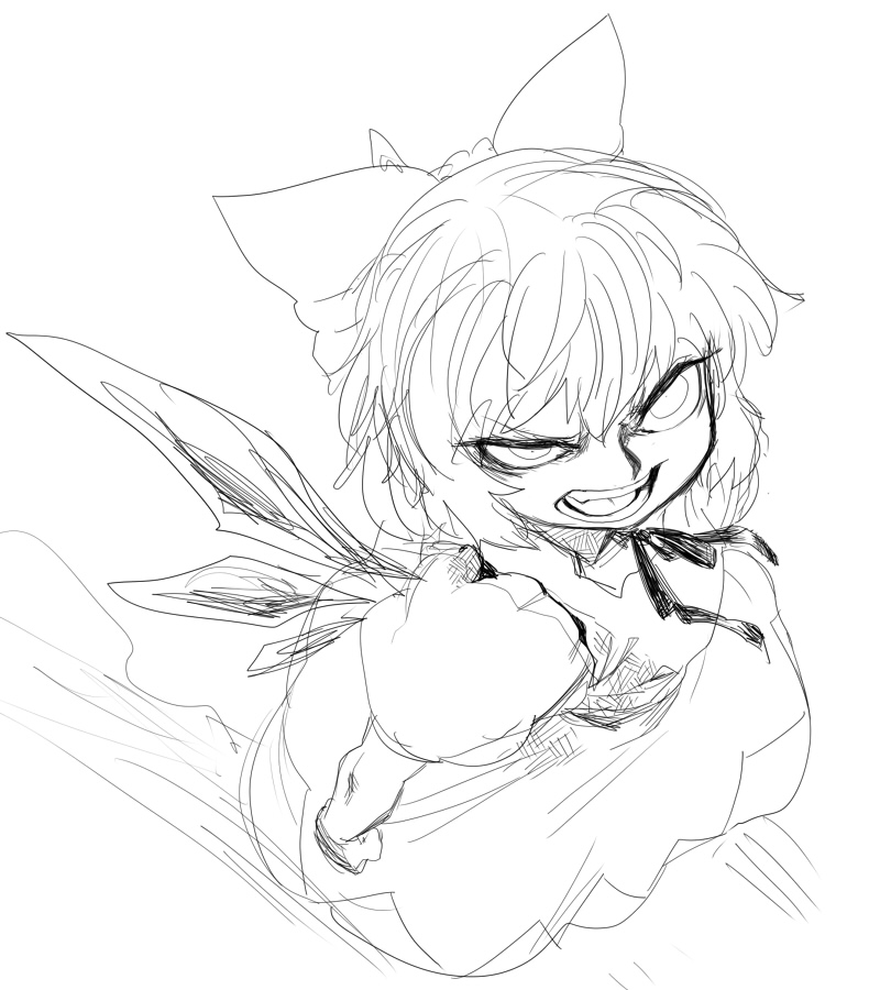 bow cirno dress greyscale hair_bow ice ice_wings monochrome short_hair sketch solo space_jin touhou wings