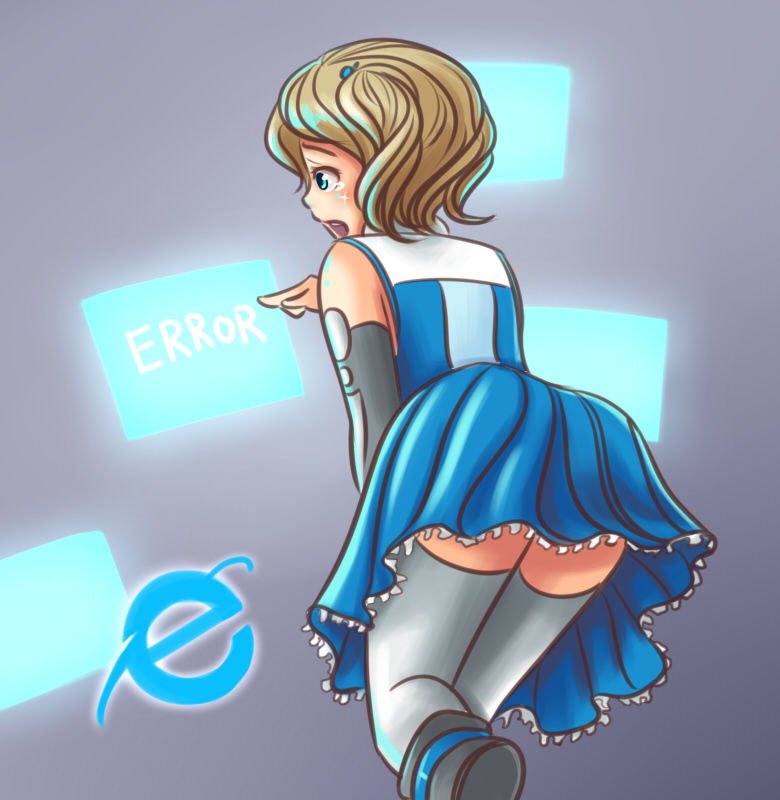 1girl aizawa_inori blue_eyes brown_hair commentary detached_sleeves dress english_commentary holographic_touchscreen internet_explorer microsoft personification short_hair simple_background sleeveless sleeveless_dress solo tears thighhighs