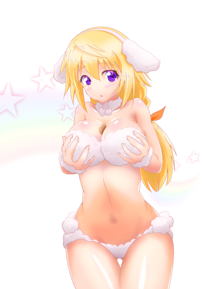 animal_costume animal_ears blonde_hair blush breast_hold breast_squeeze breasts charlotte_dunois cleavage cookie dog dog_ears food french_poodle hair_ribbon infinite_stratos large_breasts long_hair looking_at_viewer navel open_mouth ponytail purple_eyes ribbon shiny shiny_skin simple_background smile solo star thigh_gap