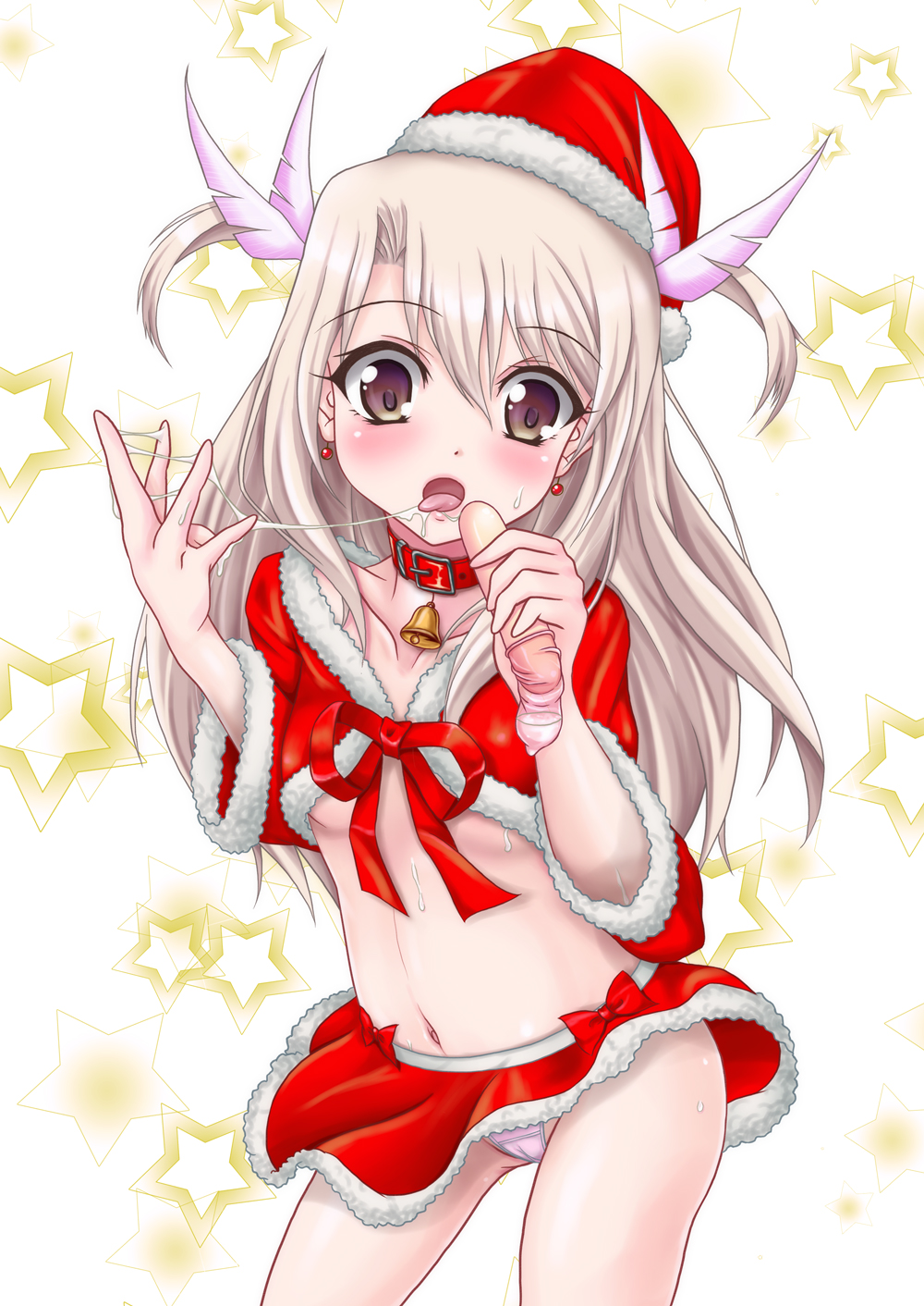 bell bell_collar blonde_hair blush bow brown_eyes cameltoe collar condom cum cum_in_mouth earrings fate/kaleid_liner_prisma_illya fate_(series) gradient_eyes hat highres illyasviel_von_einzbern jewelry kishimen long_hair looking_at_viewer multicolored multicolored_eyes navel open_mouth panties pink_panties purple_eyes santa_hat skirt solo star tongue tongue_out twintails underwear used_condom