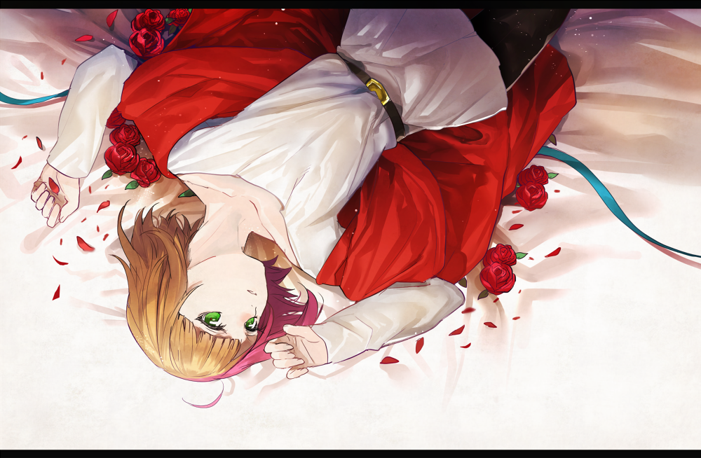 ahoge androgynous bad_id bad_twitter_id belt blonde_hair cape erubo flower green_eyes letterboxed lying male_focus multicolored_hair on_back original petals pink_hair rose rose_petals solo theodor_bachstein upside-down