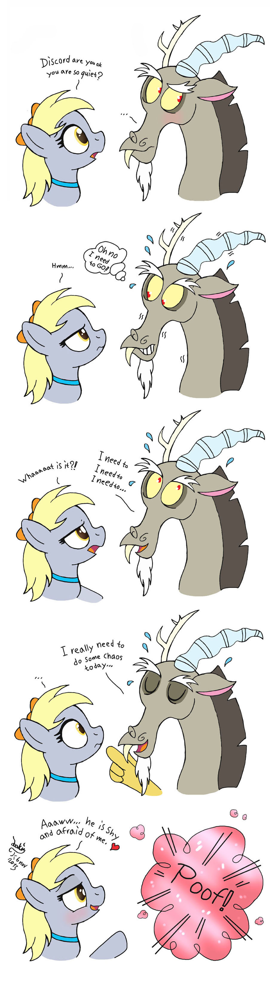 &lt;3 blonde_hair blush bow comic derpy_hooves_(mlp) dialog discord_(mlp) draconequus duo english_text equine female feral friendship_is_magic fur grey_fur hair horn horse joakaha male mammal my_little_pony plain_background pony red_eyes sweat text white_background yellow_eyes