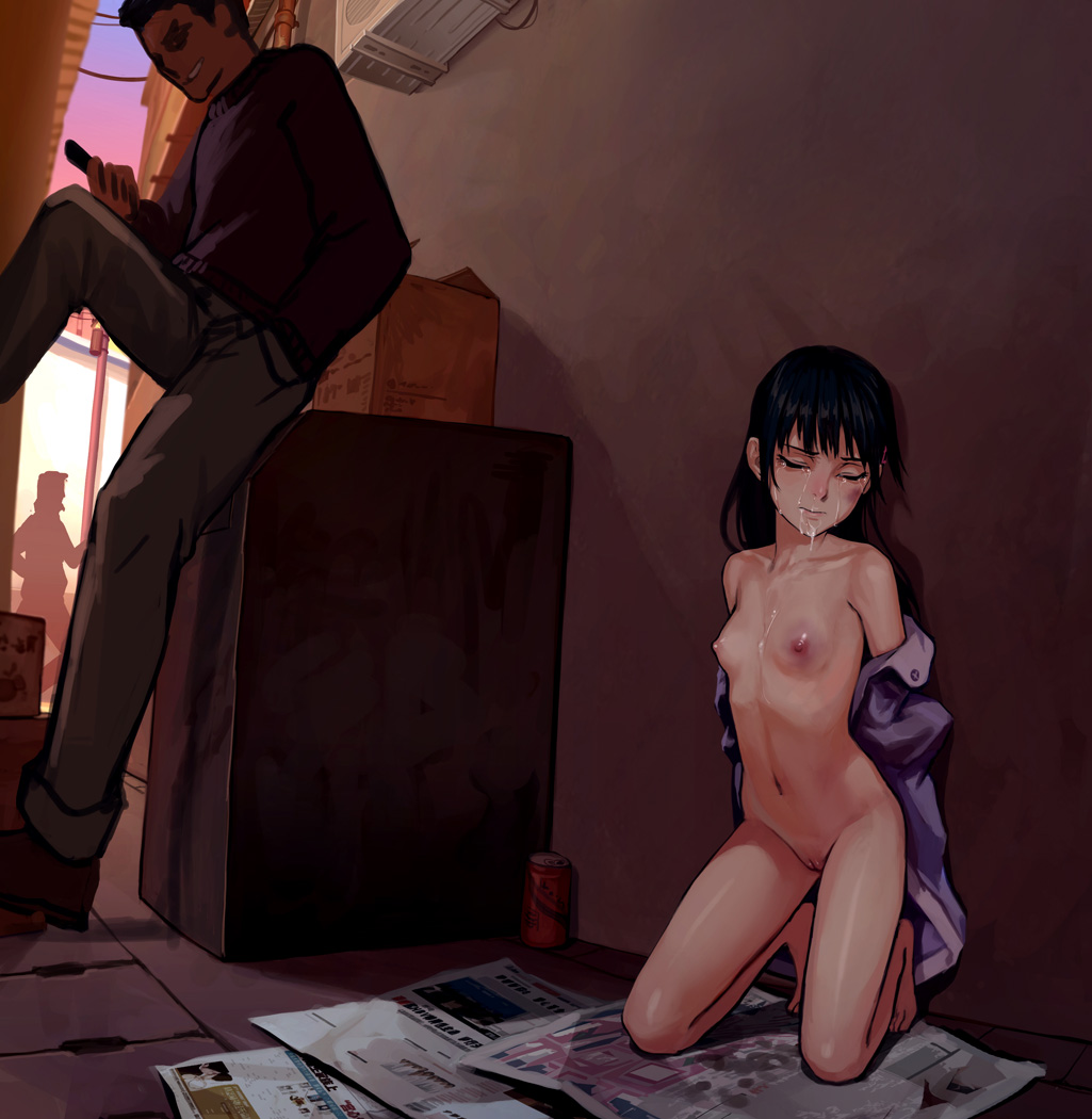 1girl abuse arms_behind_back as109 barefoot black_hair bottomless breasts bruise closed_eyes clothed_male_nude_female cum facial injury kneeling long_hair md5_mismatch nipples nude open_clothes open_shirt phone pussy restrained shirt shoujo_to_ura_roji small_breasts tears uncensored