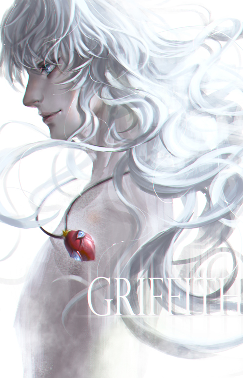 behelit bermode berserk character_name english grey_eyes griffith lips long_hair male_focus nose nude silver_hair simple_background smile solo white_background
