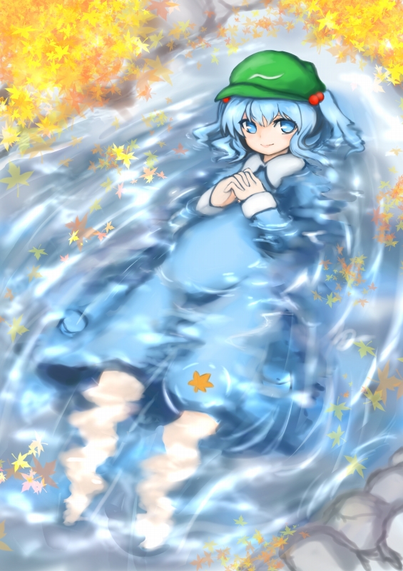 autumn_leaves blue_eyes blue_hair floating hair_bobbles hair_ornament hands_clasped hat interlocked_fingers kawashiro_nitori long_sleeves looking_at_viewer lying moni_(credo) on_back own_hands_together partially_submerged ripples short_hair smile solo sparkle touhou two_side_up