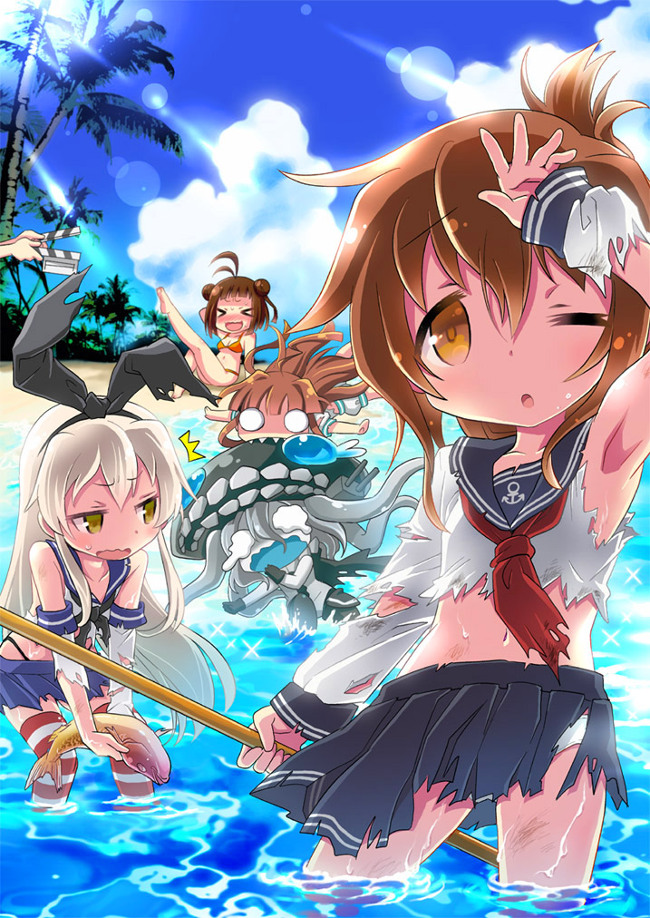 5girls :d ;o antenna_hair armpits barefoot bikini biting black_panties clipboard cloud commentary_request day fish folded_ponytail hand_behind_head igaiga inazuma_(kantai_collection) island kantai_collection kuma_(kantai_collection) leg_up long_hair midriff multiple_girls naka_(kantai_collection) navel one_eye_closed open_mouth outdoors palm_tree panties school_uniform shading_eyes shimakaze_(kantai_collection) shinkaisei-kan shirt skirt sky smile swimsuit tears thighhighs torn_clothes torn_shirt torn_skirt tree underwear wading water wavy_mouth white_panties wo-class_aircraft_carrier