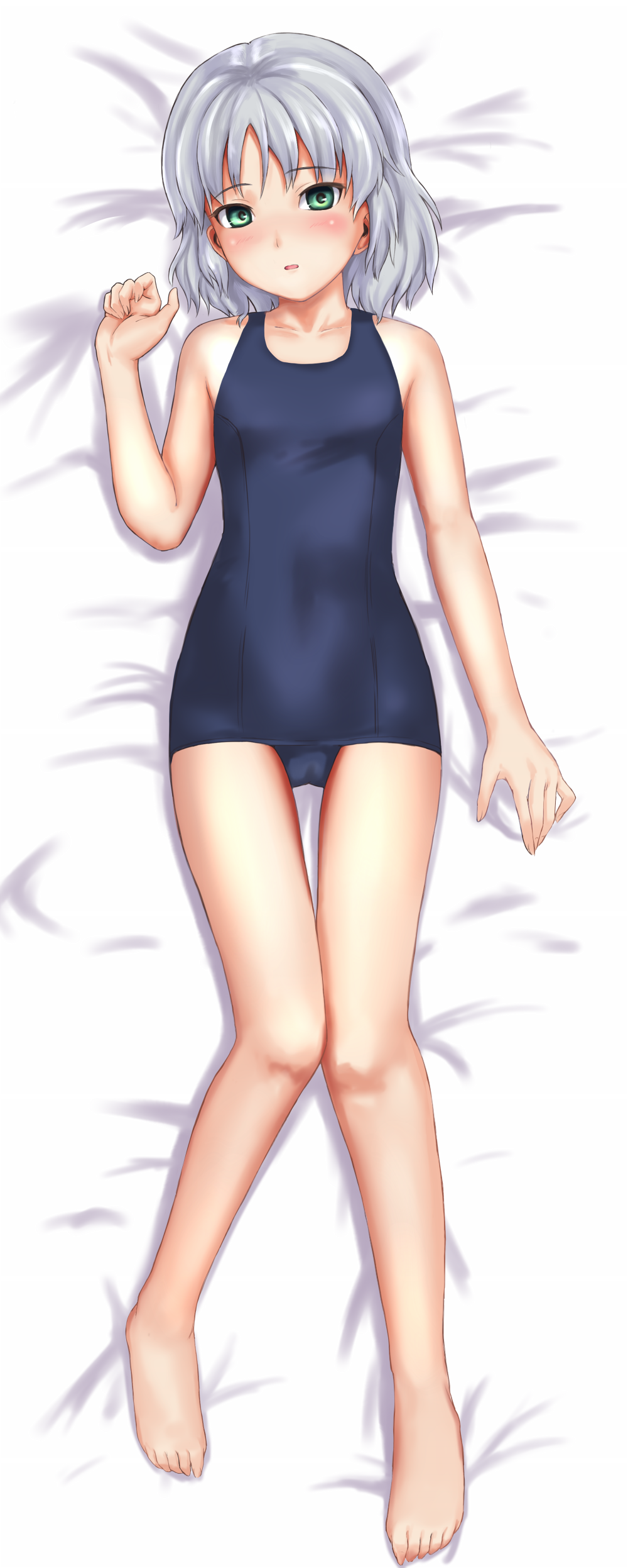 absurdres bad_id bad_pixiv_id barefoot dakimakura full_body goji_(five_clock) green_eyes highres lying one-piece_swimsuit sanya_v_litvyak school_swimsuit short_hair silver_hair solo strike_witches swimsuit world_witches_series