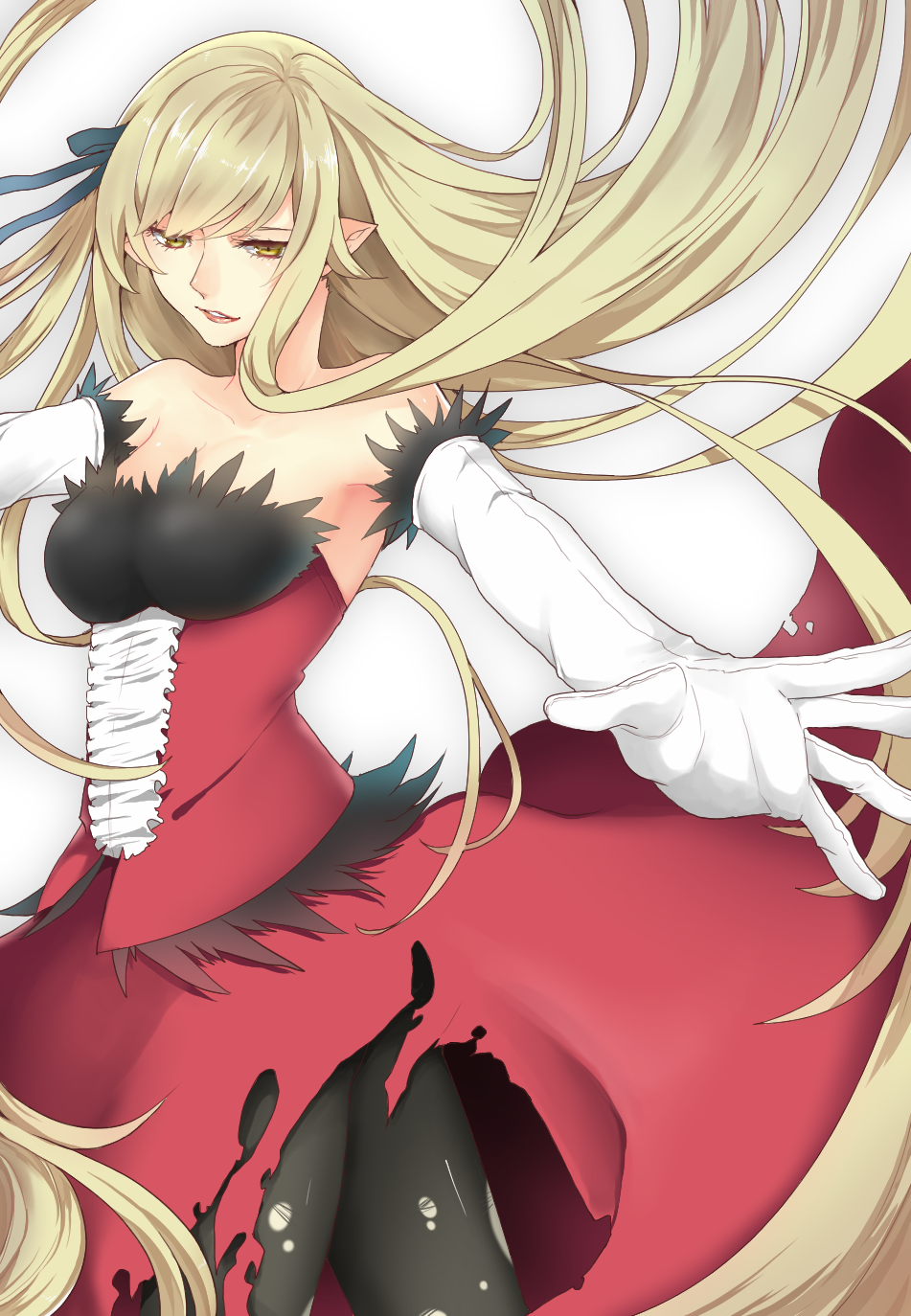 bare_shoulders blonde_hair breasts curry_gohan dress elbow_gloves gloves highres kiss-shot_acerola-orion_heart-under-blade large_breasts long_hair monogatari_(series) pantyhose solo torn_clothes yellow_eyes