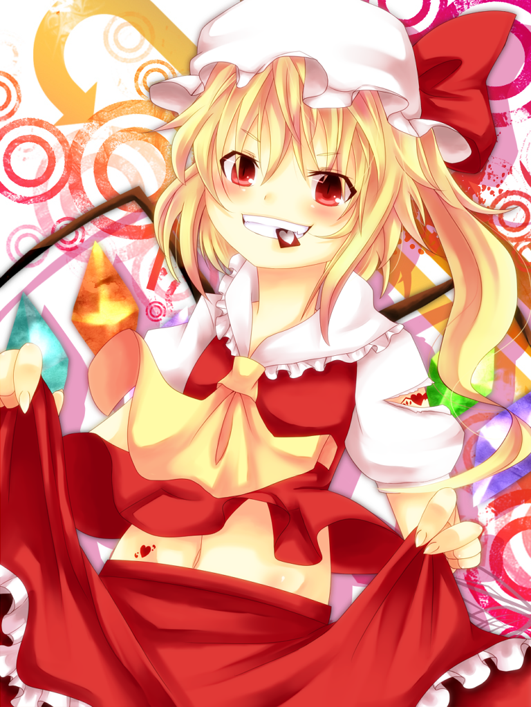 blonde_hair blush flandre_scarlet hat heart huleito looking_at_viewer midriff navel red_eyes side_ponytail skirt skirt_lift smile solo torn_clothes touhou