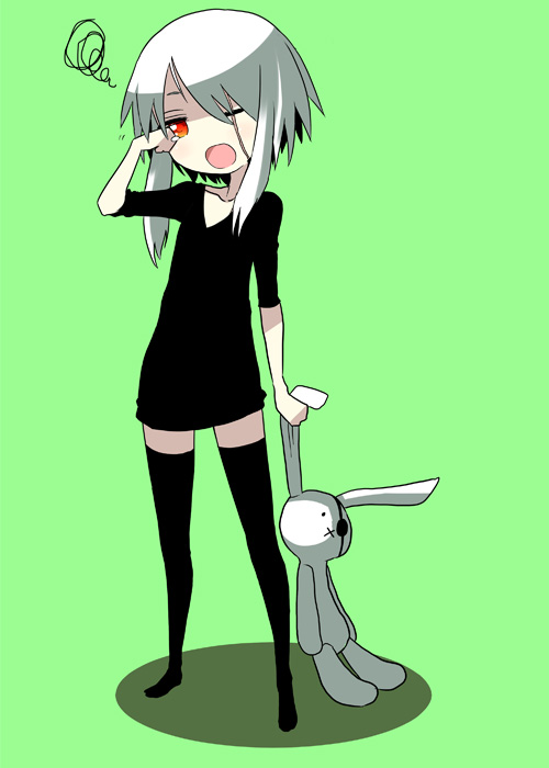 :x black_legwear black_shirt borrowed_character eyepatch green_background hatamoto_(kotoba) hinomaru_(kotoba) holding_ears ken_(koala) open_mouth original red_eyes rubbing_eyes shirt short_hair_with_long_locks sidelocks solo squiggle stuffed_animal stuffed_bunny stuffed_toy thighhighs v-neck white_hair wince yawning zettai_ryouiki