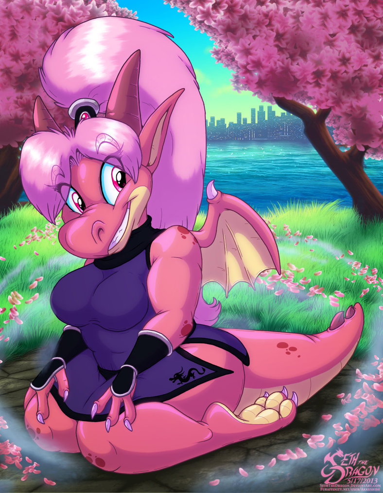 2013 anthro barefoot big_breasts breasts claws dragon dress hair horn japanese_clothing kneeling ninja pink_hair ponytail seththedragon smile solo wings