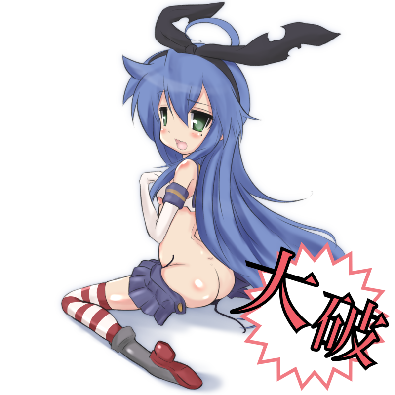 ahoge ass bare_shoulders black_panties blue_hair blush cosplay elbow_gloves gloves green_hair hair_ribbon izumi_konata kantai_collection long_hair looking_at_viewer lucky_star mizushima_(p201112) mole mole_under_eye panties ribbon shimakaze_(kantai_collection) shimakaze_(kantai_collection)_(cosplay) sitting skirt solo striped striped_legwear tareme thighhighs translated underwear unfastened very_long_hair wariza