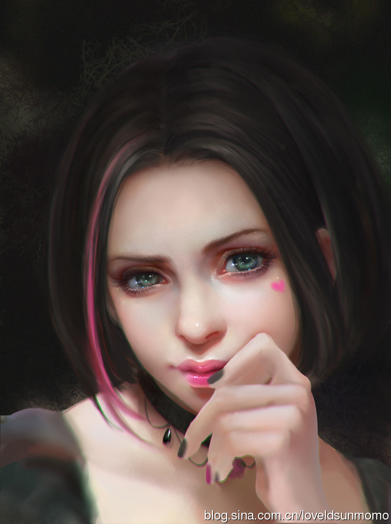 black_hair choker green_eyes hand_to_own_mouth lips lipstick looking_at_viewer makeup multicolored_hair nail_polish pink_hair pink_lipstick portrait profile realistic short_hair solo sunmomo two-tone_hair