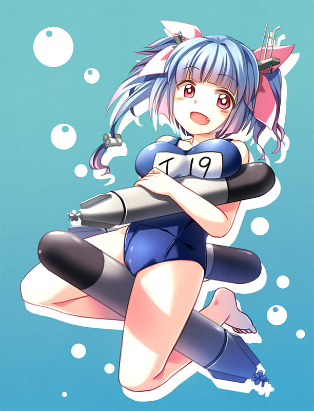 blue_background blue_hair breasts bubble fang hair_ornament hair_ribbon hatoheriko holding holding_torpedo i-19_(kantai_collection) kantai_collection large_breasts long_hair name_tag one-piece_swimsuit open_mouth red_eyes ribbon school_swimsuit smile solo star star-shaped_pupils swimsuit symbol-shaped_pupils torpedo twintails