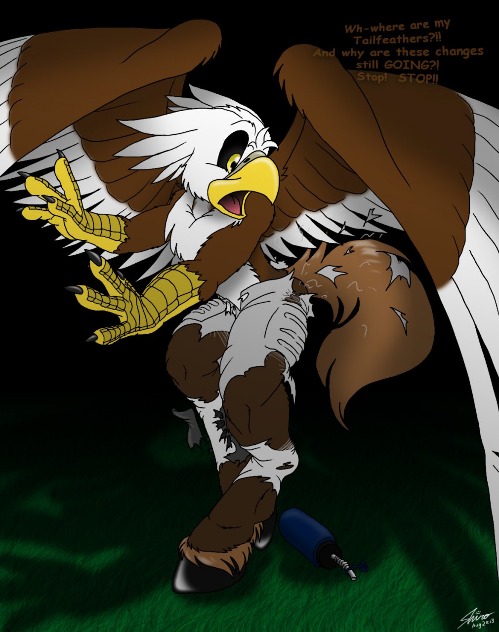 avian bald_eagle bird catmonkshiro cleats clothing drink eagle energy_drink equine feathers field football football_player grass hippogryph hooves horse_tail male mammal pheagle philadelphia_eagles scales shorts talons torn_clothing transformation uniform