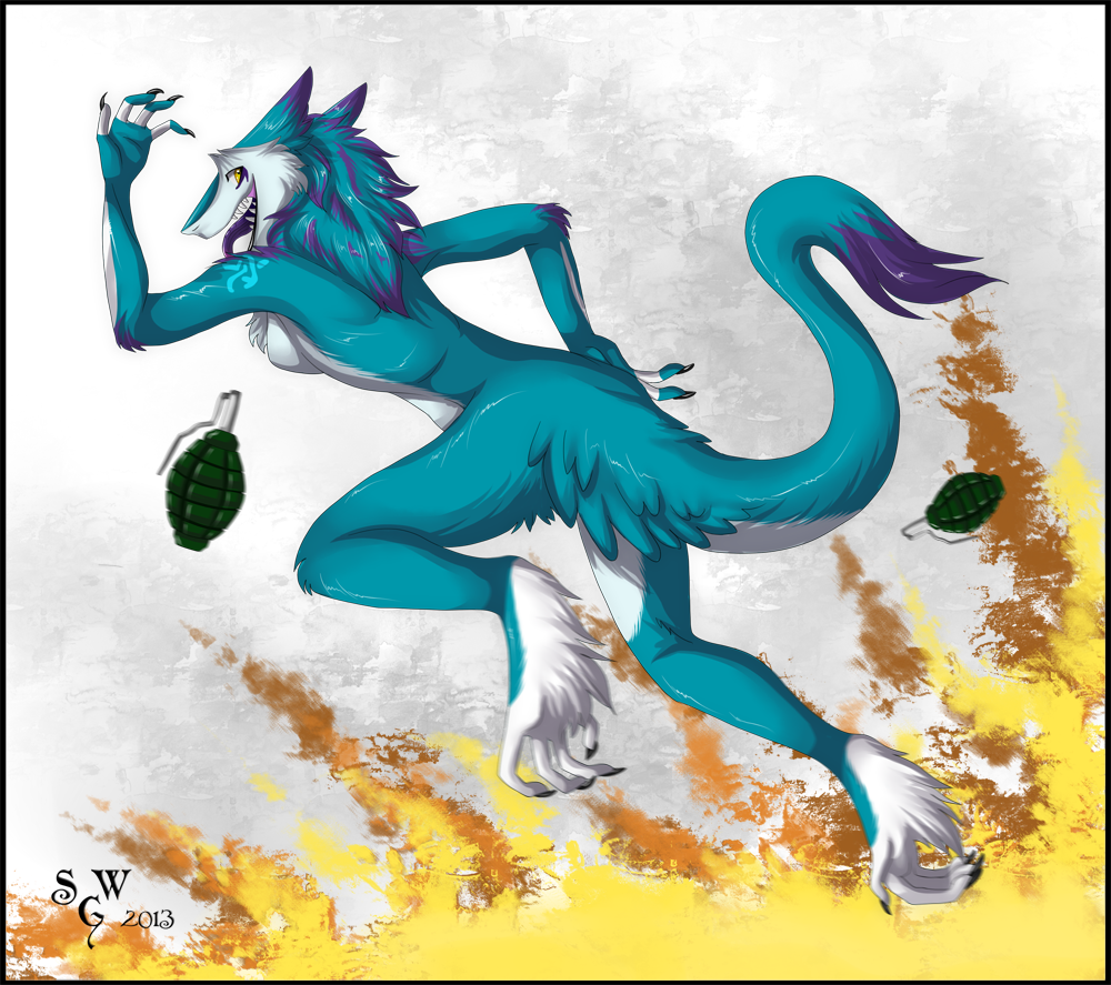 blue_furr explosion female fire fur grenade kymimary looking_back sergal silvergrin tongue tongue_out weapon