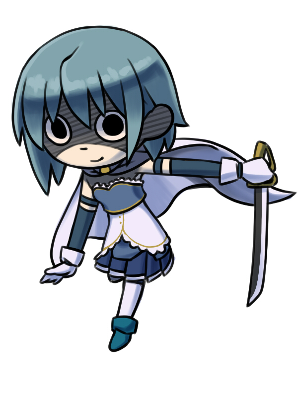 blue_hair cape gloves mahou_shoujo_madoka_magica miki_sayaka oda_takayuki osawari_tantei parody shaded_face skirt style_parody sword weapon