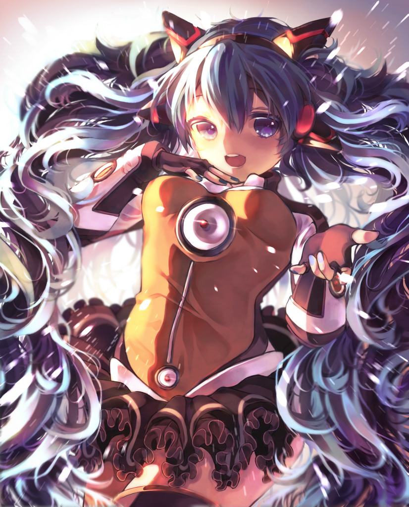 bad_id bad_pixiv_id blue_eyes blue_hair fingerless_gloves gloves hatsune_miku long_hair nail_polish odds_&amp;_ends_(vocaloid) open_mouth project_diva_(series) project_diva_f skirt solo twintails very_long_hair vocaloid yasiromann