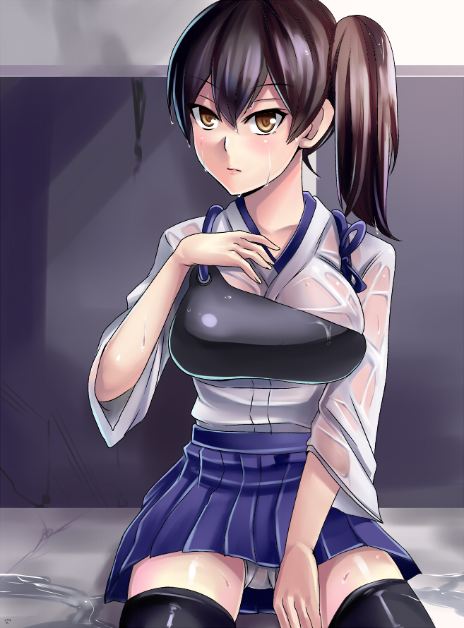 black_legwear blush breasts brown_hair hakama_skirt japanese_clothes kaga_(kantai_collection) kantai_collection large_breasts megane_man muneate panties see-through short_hair side_ponytail skirt solo thighhighs underwear wet wet_clothes white_panties yellow_eyes zettai_ryouiki