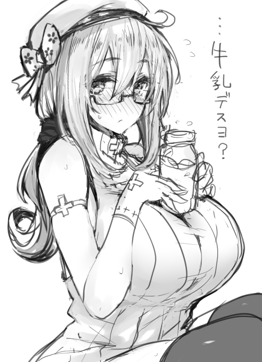 armlet balancing blush bottle bow breasts cross glasses greyscale hat hat_bow huge_breasts inayama long_hair luis_almeida_(sengoku_bushouki_muramasa) milk milk_bottle monochrome ponytail scrunchie semi-rimless_eyewear sengoku_bushouki_muramasa sleeveless solo thighhighs translated under-rim_eyewear