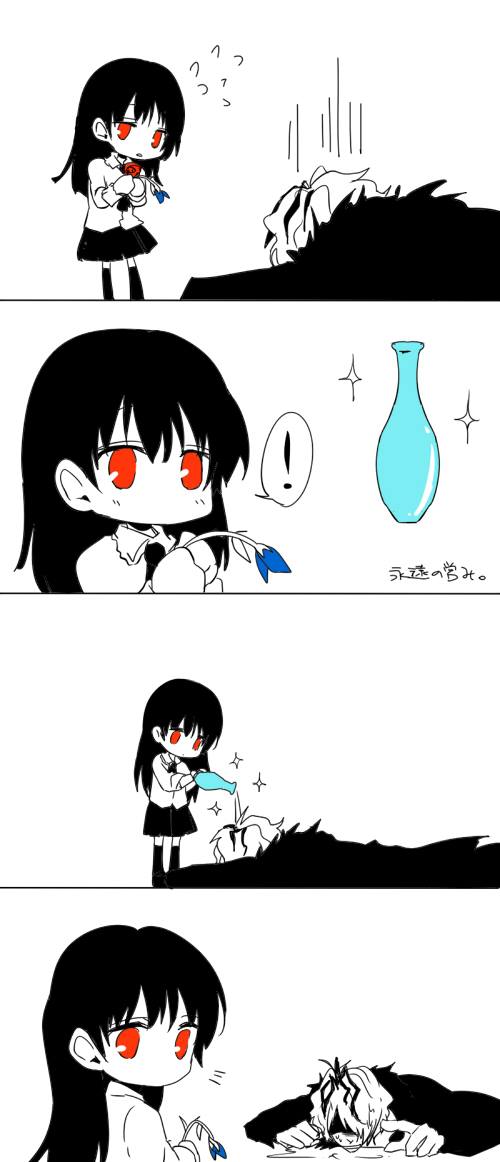 1boy 1girl 4koma artist_request bangs black_hair blue_flower blue_rose chibi collared_shirt comic ears flower garry_(ib) ib ib_(ib) jpeg_artifacts long_hair lying monochrome pouring red_eyes red_flower red_rose rose shirt skirt socks source_request sparkle speech_bubble sweat thighhighs translated vase water wet wet_hair you're_doing_it_wrong
