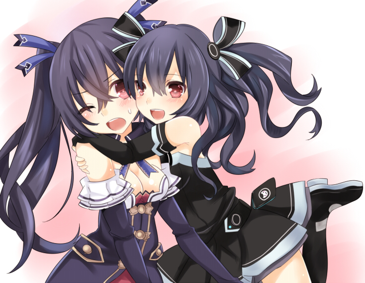 :d bare_shoulders black_hair blush breasts cleavage glomp hair_ribbon happy hug medium_breasts mikan_no_shiru multiple_girls neptune_(series) noire one_eye_closed open_mouth red_eyes ribbon siblings sisters smile sweatdrop twintails two_side_up uni_(choujigen_game_neptune) wince