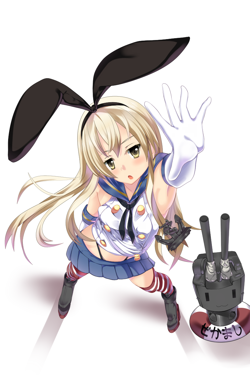 black_panties blonde_hair boots elbow_gloves gloves highres kantai_collection lifebuoy outstretched_arm outstretched_hand panties pleated_skirt rensouhou-chan school_uniform serafuku shimakaze_(kantai_collection) skirt striped striped_legwear thigh_boots thighhighs underwear yabu_q